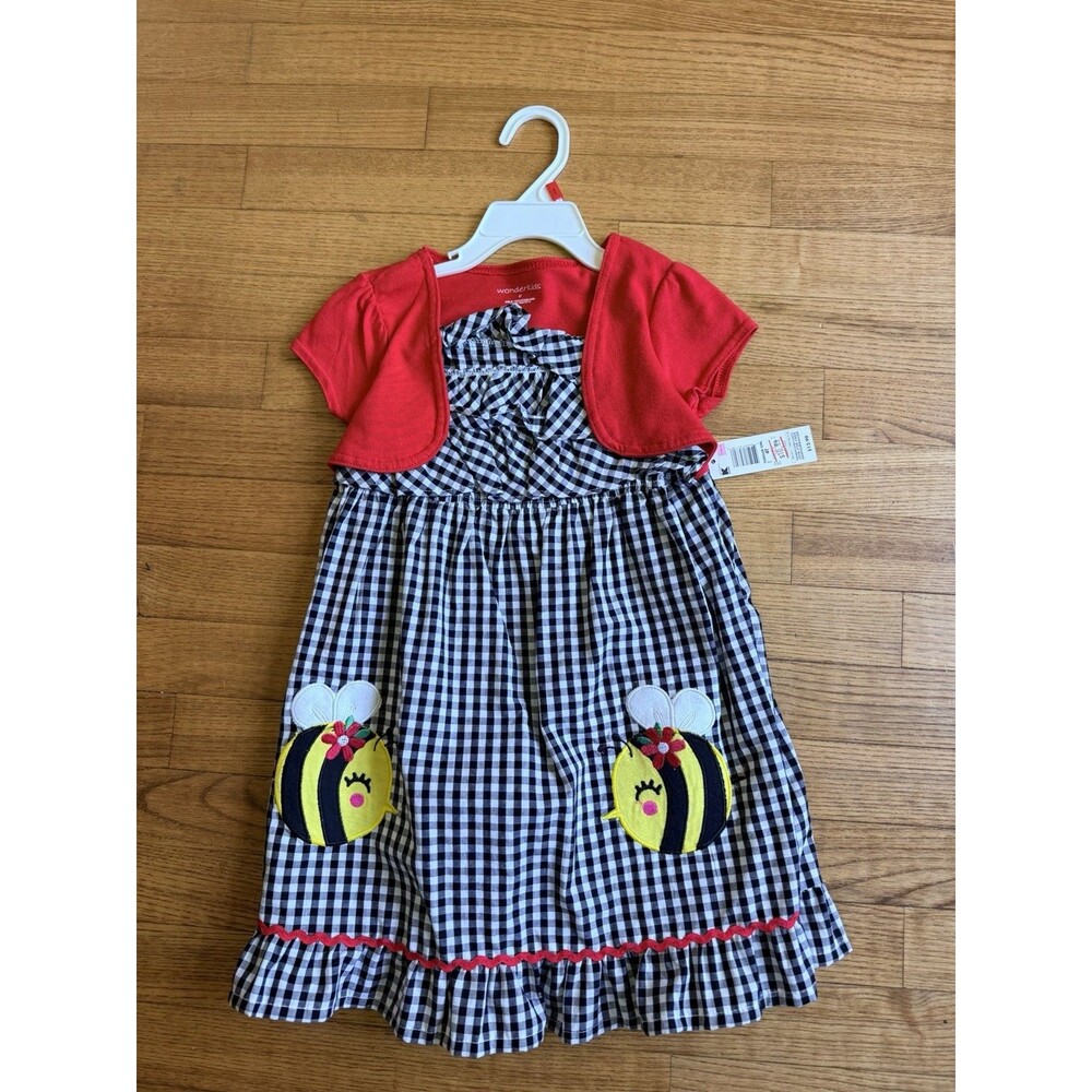 NWT wonder Kids 4T girl yellow Red Black Plaid Bees Appliqué VTG dress NOS KMART